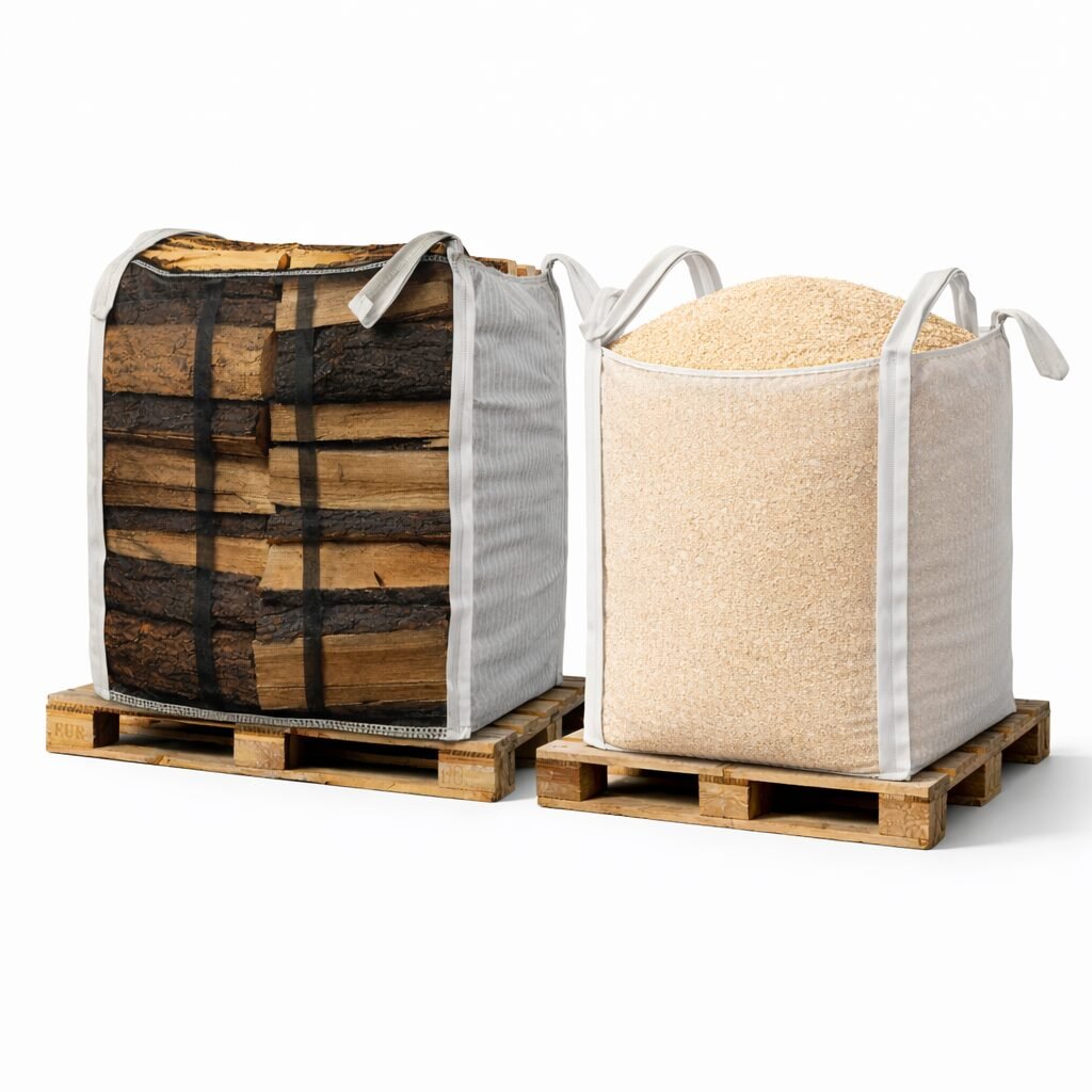 Big bag se sušeným palivovým dřevem a big bag s pilinami na paletách