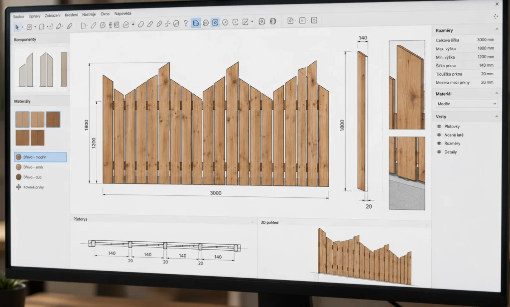 Návrh dřevěného plotu v projekčním softwaru — rozměry plotovek, výběr dřeviny a 3D pohled